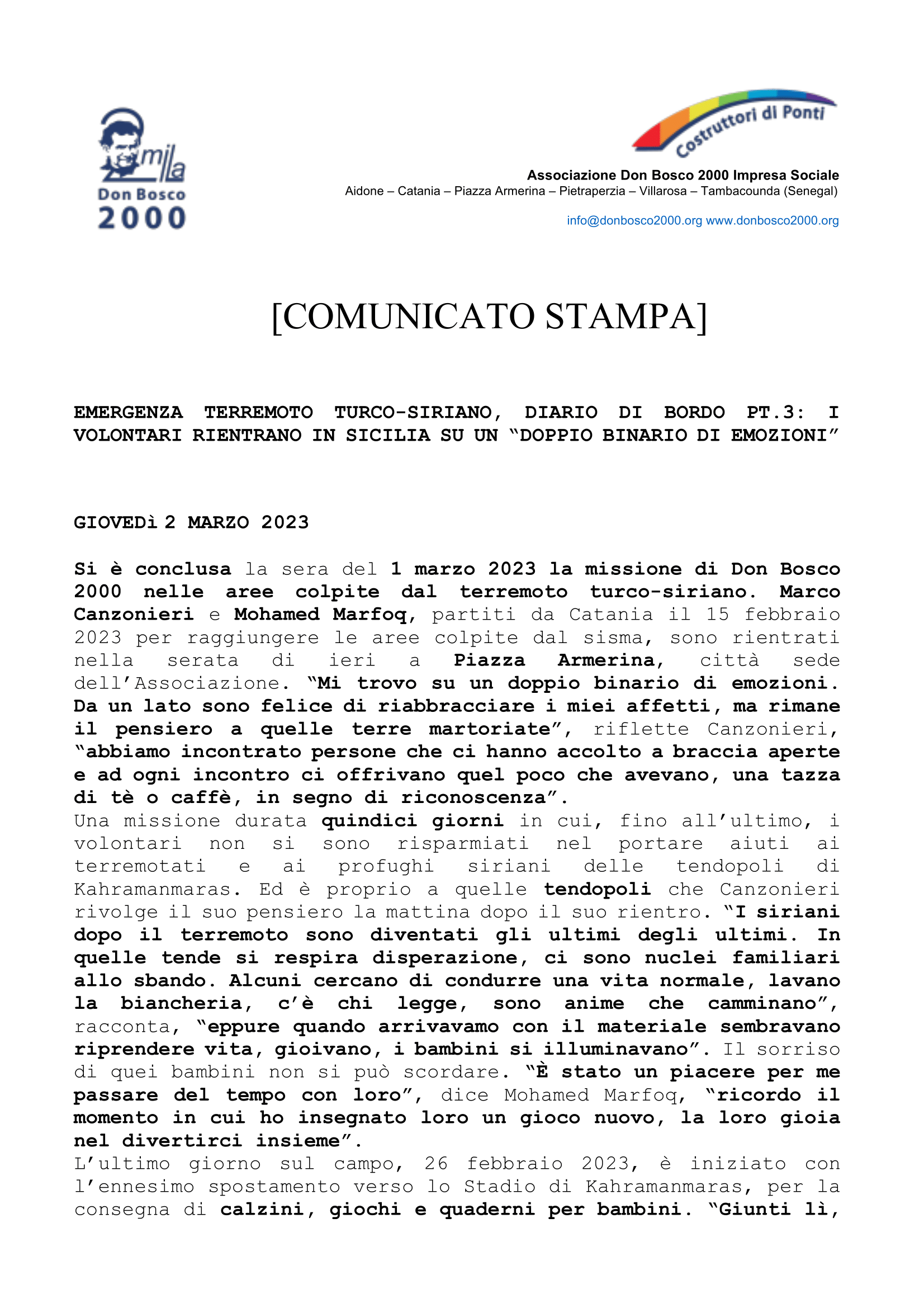 comunicato stampa_db2000 - Missione Turchia pt