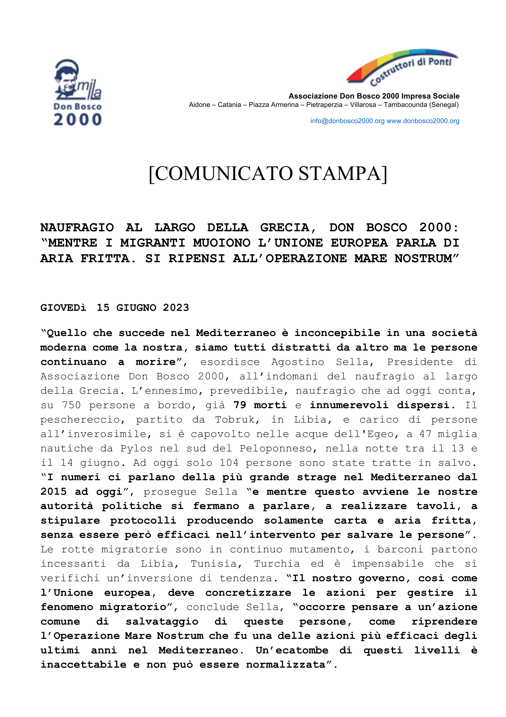 comunicato stampa_db2000 - Naufragio Grecia -1